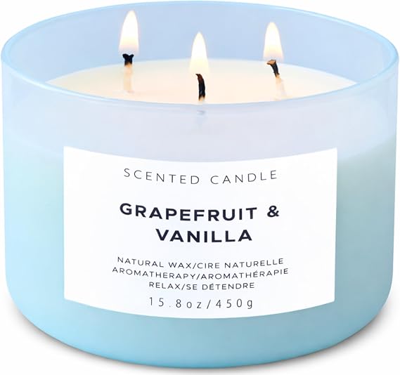 Grapefruit Vanilla 3-Wick Soy Candle, 15.8 Oz Large Scented Candle for Home