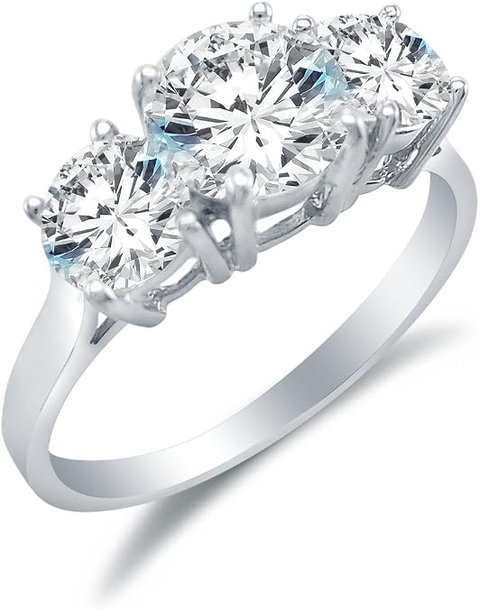 Sonia Jewels Solid 925 Sterling Silver 3 Three Stone Round Brilliant Cut Solitaire with Round Side Stones CZ Cubic Zirconia Engagement Ring 2.0ct. With Elegant Velvet Ring Box, Silver,Zirconia, Cubic