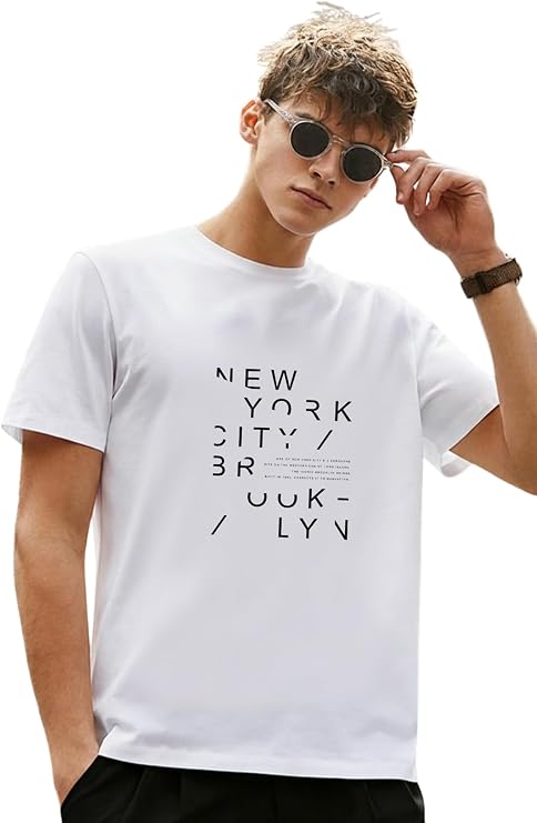 DAKSEL Erkek%100 Pamuk New York Brooklyn Baskılı T-Shirt, Bisiklet Yaka, Kısa Kollu, Rahat Kesim, 14 Renk Seçeneği