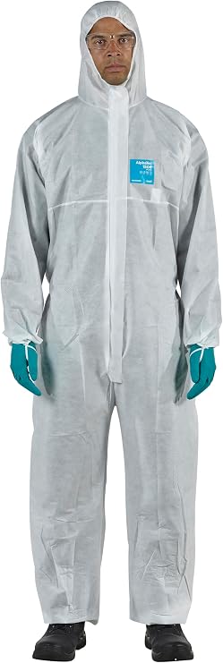 Ansell AlphaTec 1500 Model 111, Disposable Work Overall with Hood, Chemical Protection Type 5/6, Water Repellent Coverall Suit, Industrial Safety Workwear, Men Women, White, Size 3XL (1 Unit)