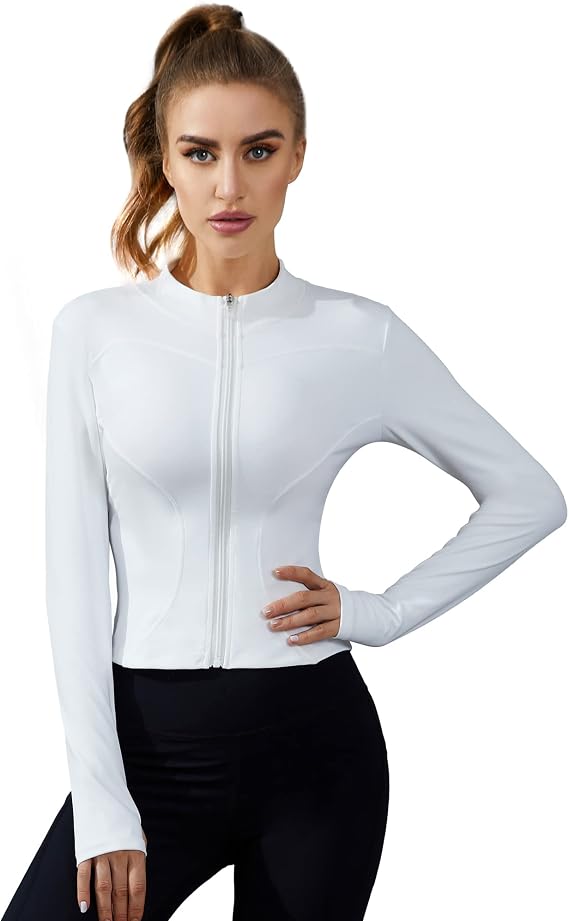 ANOTHER CHOICE Women Gym Zip Up Jacket Lightweight Cropped Workout Jacket Running Athletic Top with Thumb Hole