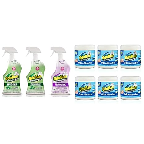 OdoBan Ready-to-Use Disinfectant and Odor Eliminator, Set of 3 Spray Bottles, 32 Ounce & Solid Odor Absorber Eliminator for Home and Small Spaces, Fresh Linen Scent, 14 Ounces Each, 6-Pack