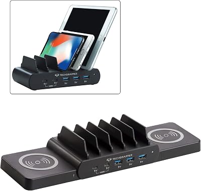 Techsmarter 7-Port Charging Station with 100W Dual USB-C PD, Dual 15W Wireless Charger, Three 18W Fast Charging USB Ports. Compatible with MacBook, iPad, iPhone, Samsung, Dell, HP, ThinkPad, Yoga
