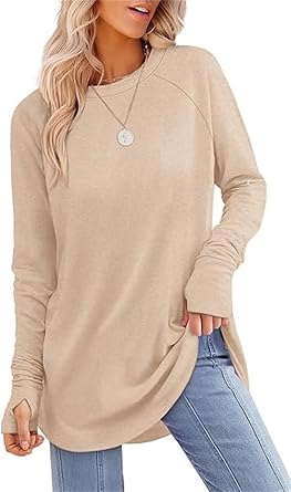 Long Sleeve Tunic Tops with Thumb Holes, Womens Tunic Tops to Wear with Leggings, Crew Neck Curved Hem