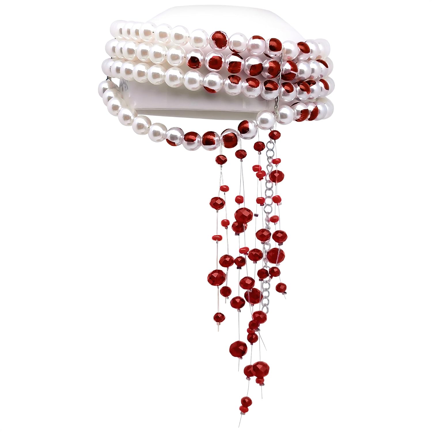 Bloody Pearls Vampire Necklace - Vampire Jewelry for Women with 4 Layers of Pearls & Bright Red Drop of Blood Jewelry, Blood Necklace for Vampire-Themed Costume, Halloween Party or Gothic Stylish Look