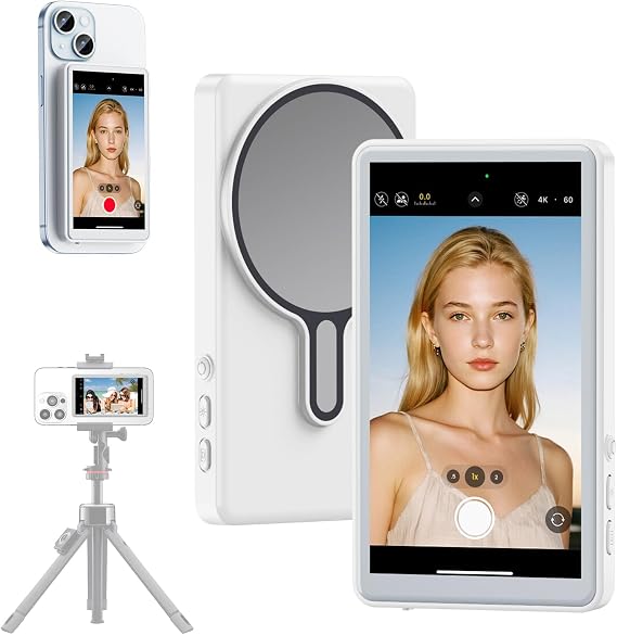 Vlog Selfie Monitor Screen, Magnetic Phone Selfie Screen 4K 60fps Wireless Recording,Bluetooth Remote Back Camera Monitor for Vlog Live Stream TikTok,Compatible with iPhone & Android White,4.02inch