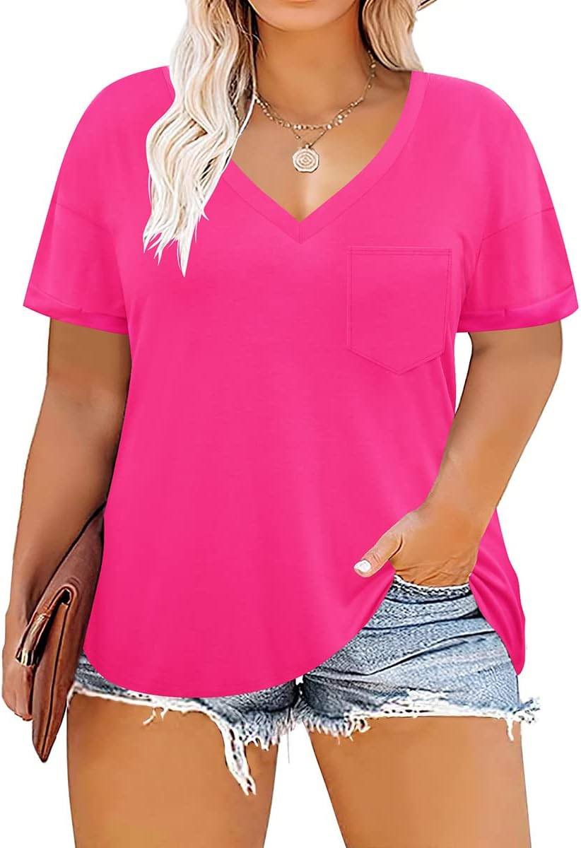 TIYOMI Plus Size Tops for Women Short Sleeve Shirts V Neck T Shirts Casual Blouse Tie DyeFloralSoild Color Soft Tops XL-5XL