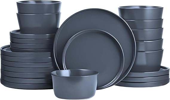 Stone Lain Celina Modern Stoneware 24-Piece Dinnerware Set, Dinner and Salad Plates, Soup Bowls, Dish set for 8, Grey