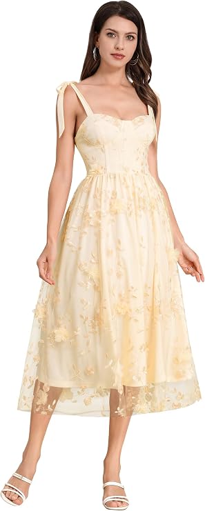 Spaghetti Strap Embroidered Floral Dress for Women Wedding Formal Tulle Prom Corset Dress Smocked Split Midi Tea Party Dress