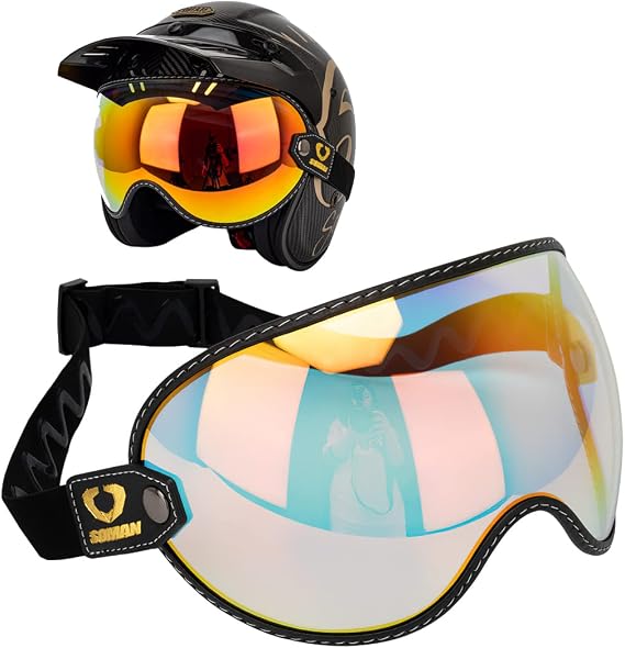 Retro Motorcycle Helmet Visor Bubble Shield, Goggles Lens with Elastic Universal For Cafe Racer Full 3/4 Open Face Motorbike Helmet (Revo Red)
