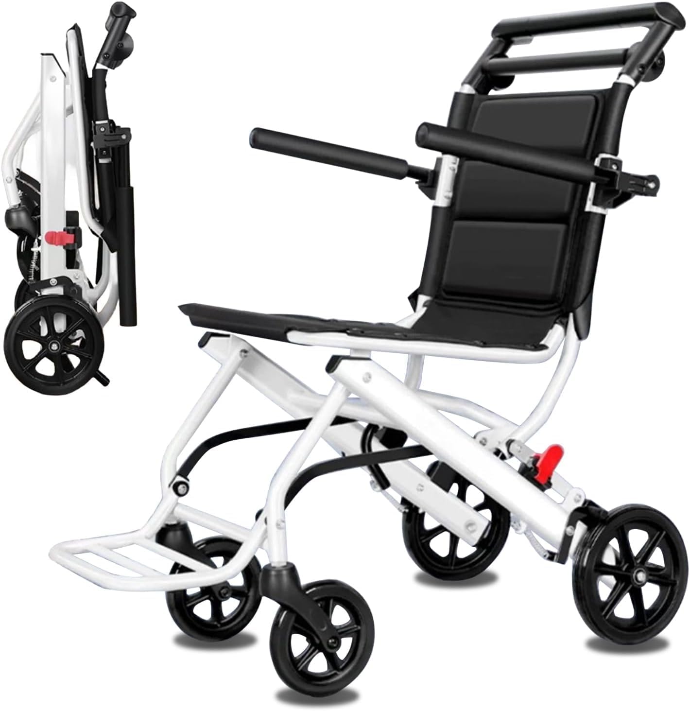 Folding Wheelchair Lightweight Portable Transit Travel Chair for Adults Ergonomic Design Wheelchair with Adjustable Safety Strap Carbon Steel Frame PU Wheels for Smooth Rid