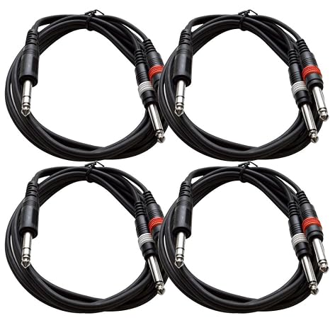 Seismic Audio 4 Pack Insert Cable TRS 1/4-2 TS 1/4 Inches 6-Foot Patch Adapter