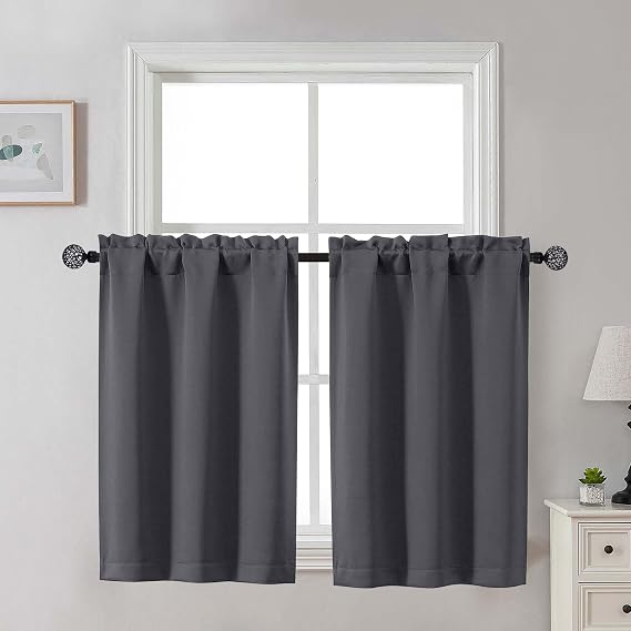 Gwine Charcoal Grey Blackout Curtains for Small Window Treatment, Light Blocking Short Kitchen Window Curtains Over Sink, Rod Pocket Half Window Tiers for Bathroom Basement, Each 30" Wx36 L, 2 PCS