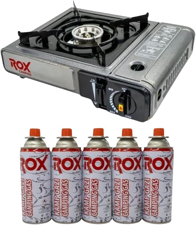 Rox 153Rox0103 Tekli Portatif Kamp Ocak Gri (Ekstra Gaz Girişli) 5 Adet Gaz Kartuş