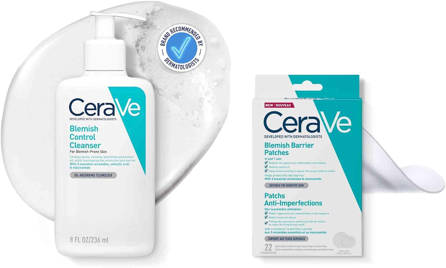 Cerave Blemish Control 236ml + Anti-Pimple Hydrocolloid Patches 22 pieces