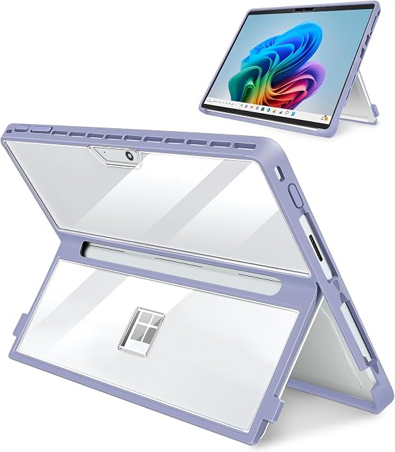 13" Microsoft Surface Pro 11/10/9/8 Case, with Stent Cover, All-in-One Shockproof Folio Rugged Case Type Cover Keyboard, TPU Material Transparent & Purple
