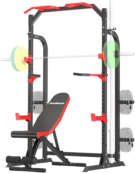 SunHome Power Cage Squat Rack, Power Rack with Pulley System, Adjustable Cable Crossover System, J-Hooks, Dip Handles, Weight Plate Storage