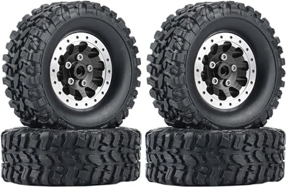 4PCS Metal Beadlock Wheel Hub Wheel Rim & Rubber Tire for WPL C14 C24 C34 C44 B14 B24 B16 B36 MN MN78 D90 MN90 MN91 MN96 MN98 MN99 MN99S RC Car Upgrade Parts (Black)