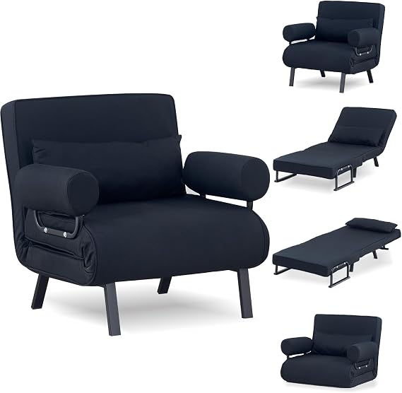 TRIOBLADE Folding Sofa Bed 4-in-1 Convertible Sofa Chair Bed Folding Sleeper Couch with 6-Position Backrest Comfortable Armrests Pillow Chaise Lounge Couch Recliner for Home Office (Black, 65cm)
