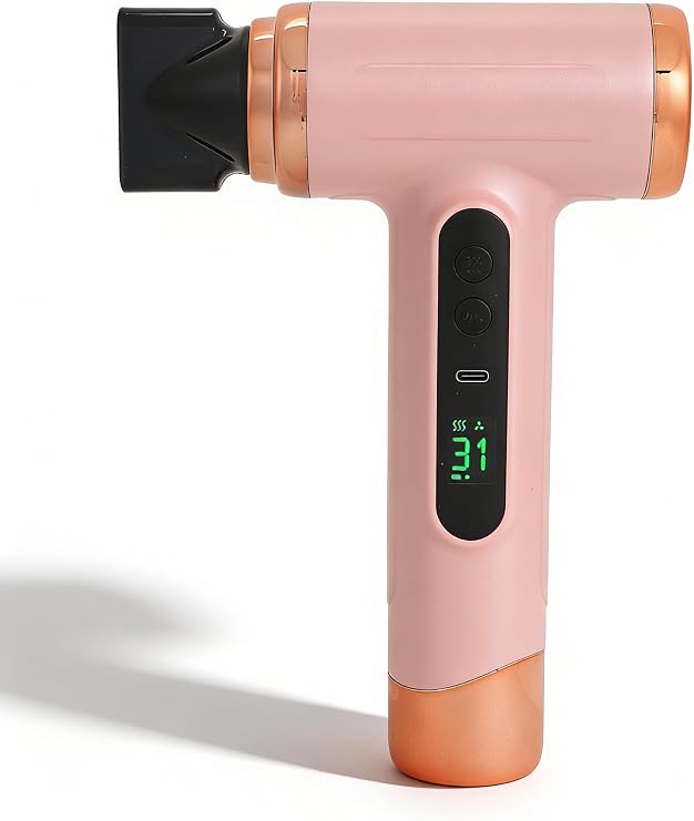 Portable Cordless Hair Dryer, VELATEMOR 15000mAh USB Rechargeable Compact Hair Dryer with Hot and Cold Wind Multi Modes for Travel and Dormitory Pink
