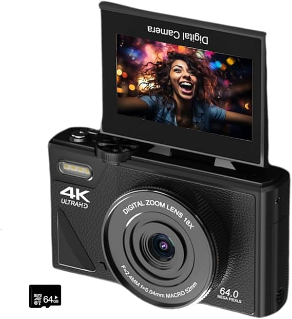 4K Digital Camera, 64MP High Resolution Digital Camera with 3” Flip Screen, WQV Small Vlogging Camera for YouTube, Photography and Video, 18X Digital Zoom, TF Card, for Gift (Black)
