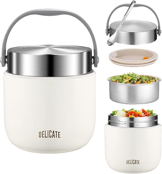 Thermal Container for Food 1200 ml Stainless Steel Warming Container with Foldable Spoon Thermal Mug Food Insulated Food Container Thermal Box Lunch Box Thermal Children for Storage (Beige)