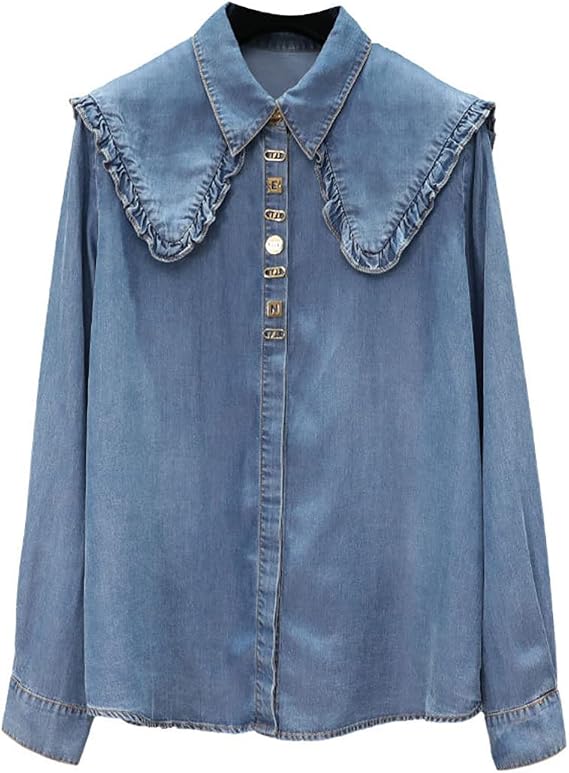 HEYDHSDC Women Denim Shirts Spring Autumn Ruffles Design Sequined Long Sleeve Blouse