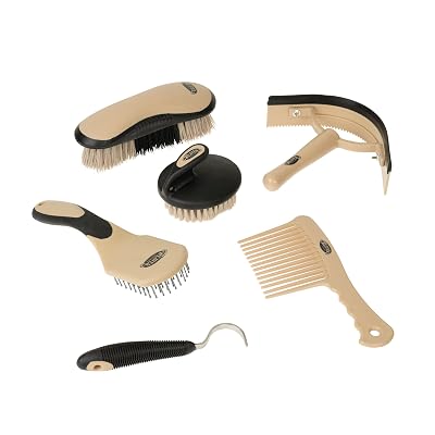 Weaver Equine 6-Piece Horse Grooming Kit, Ergonomic Gentle Horse Care Kit, Equestrian Supplies for Bathing Support, Detangling, and More, BlackTan
