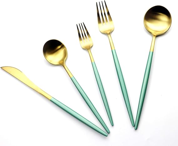Green Gold Flatware, Royal 5 Pieces Matte White Handle 18/10 Stainless Steel Tableware Sets for 1 Including Forks Spoons Knives, Camping Silverware Travel Utensils Set Cutlery (Green Gold)