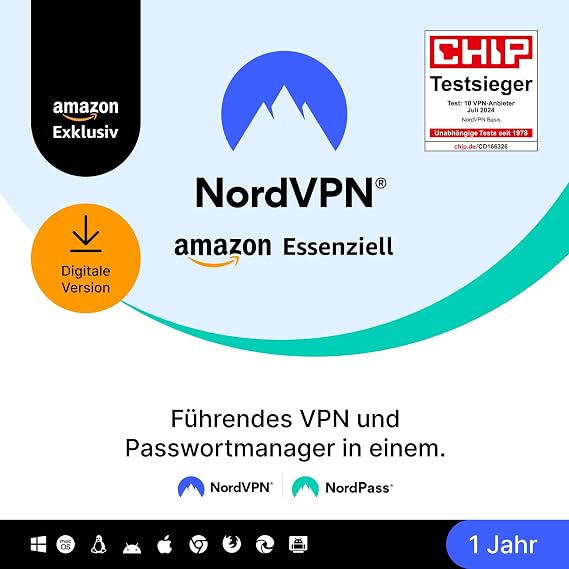 NordVPN Amazon Essenziell 10 Geräte 1 Jahr VPN & Passwort-Manager Digital-Code
