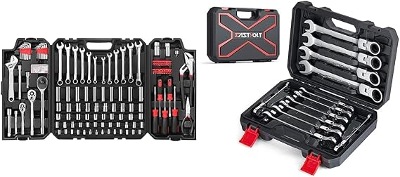 Eastvolt 248 Pieces Mechanics Tool Set, General Purpose Mixed Sockets and Wrenches, Hand Tool Set Auto Repair Tool Kit with Storage Case (EVHT24801) and Eastvolt 12-Piece Flex-Head Ratcheting Wrench Set, Metric 8mm-19mm, Combination Ended Spanner kits, Chrome Vanadium Steel with Toolbox, EVHT1201