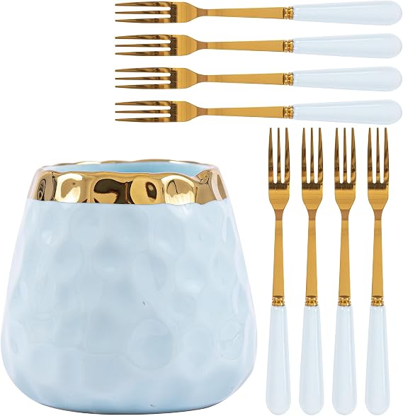 Dessert Fork Set,Ceramic Jar with 8 Small Forks for Fruit,Salad,Appetizer,Cake,Flatware Set (Light Blue jar+8 forks)