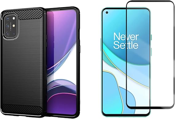 Microcase OnePlus 8T Brushed Carbon Fiber Silikon TPU Kılıf Siyah+Tam Kaplayan Çerçeveli Cam
