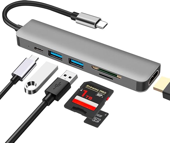 6 in 1 USB C Hub Multiport Adapter with 4K HDMI SD/TF Card Reader