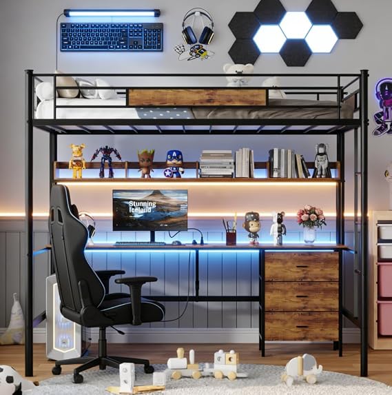 Bellemave Twin Size Loft Bed with Desk and Coat Rack with Charging Station and Ladder, Metal Twin Loft Bed Frame for Adults, Kids, Teens, Black