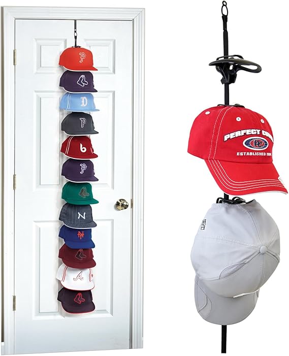 Over-The-Door Hat Organizer for Baseball Caps, 1 Strap. Holds up to 36 Caps | Perfect Curve Cap Rack System 36 with 12 Clips Adjustable Hat Storage for Closet Door Easy Install, No Tools, Black