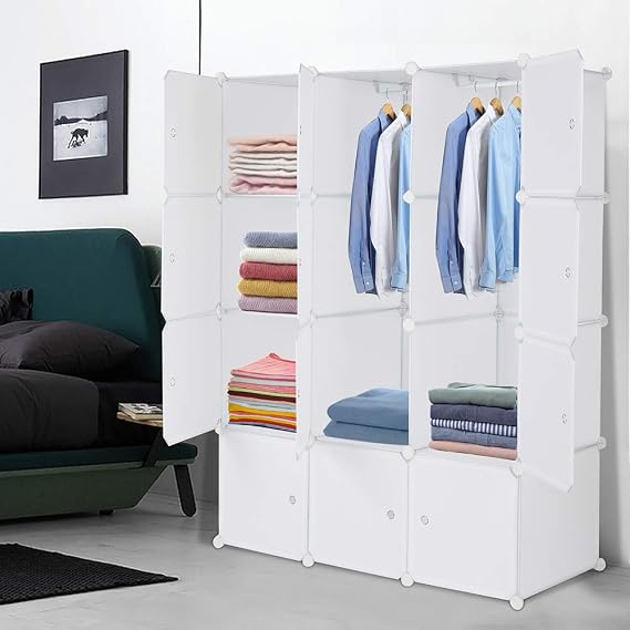 12-Cube Cube Organizer with Doors, Closet Cabinet, DIY Plastic Modular Bookshelf Ideal for Bedroom, Living Room, 41.4 x 17.7 x 55.2'', White