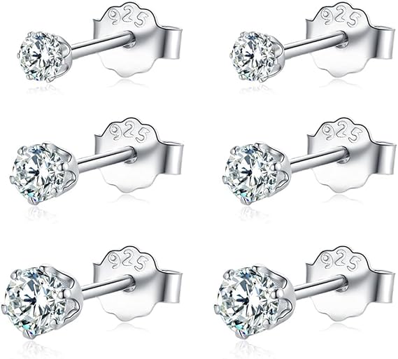 Silver Earrings for Women, 925 Sterling Silver Stud Hoop Earrings, 3 Pairs White Gold Earring Sets, 4mm Round Square Cubic Zirconia Stud Earrings 12mm Hoop Earrings, Small Cartilage Sleeper Earrings