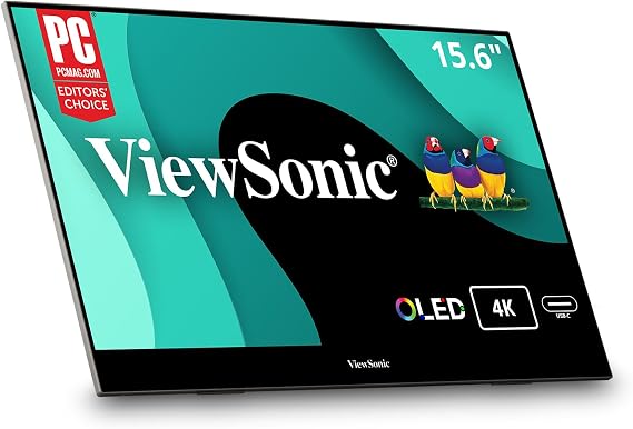 ViewSonic VX1655-4K-OLED 16 Inch 4K UHD OLED Portable Monitor for Laptop | USB C, Mini HDMI, 4K OLED, HDR500, 0.05ms Response, Dual Speakers, Built In Stand, Smart Cover, Laptop, Mac, PC, 60W Charging