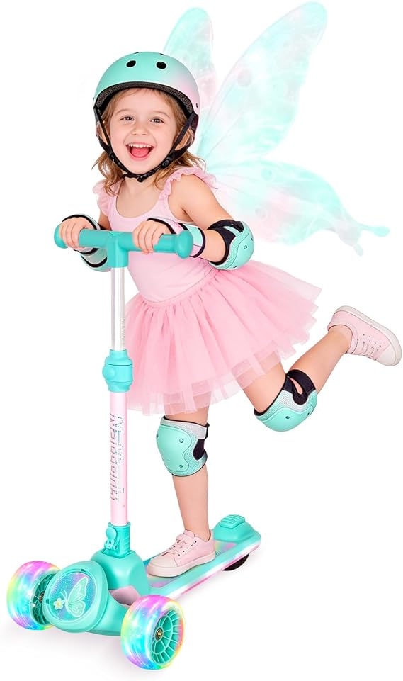 Nattork Kids Scooter for Girls with Light Up Wheels, Deck and Headlight, Wide Anti-Slip Deck and T-bar Handle with Rear Foot Brake, Adjustable Height 3 Wheel Scooter for Kids Ages 3+ and up to 220Lbs