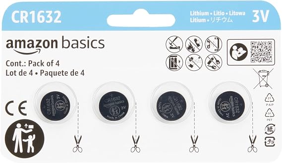 Amazon Basics 4-Pack CR1632 3 Volt Lithium Coin Cell Battery, Long Lasting Power, Mercury-Free, Reliable, Child Safety Packaging