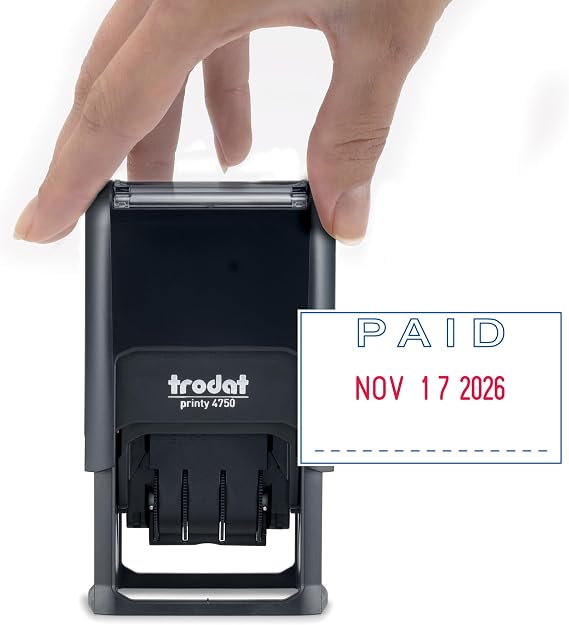 Trodat Printy 4750 Paid Self-Inking Date Stamp Red Date & Blue Text