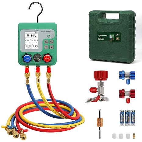 HVAC Digital Manifold Gauge Set, 92 Refrigerant, Dual Pressure&Vacuum Test | LCD Display Digital HVAC Gauges, R134A R22 R410A Refrigerant Gauge with 3 Hoses&1/4" SAE Interface, AC Recharge Kit with Hook