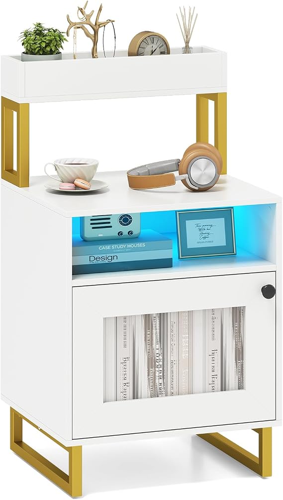 COSTWAY Bedside Table with LED Lights, Smart Nightstand End Sofa Side Table with Top Tray, Open Compartment & Storage Cabinet, Bedside Cabinet Chest for Living Room Bedroom (1, White)