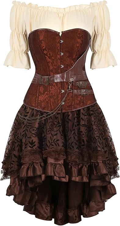 Grebrafan Steampunk Corsets Skirt Blouse Set Cowboy Corset Outfits for Women