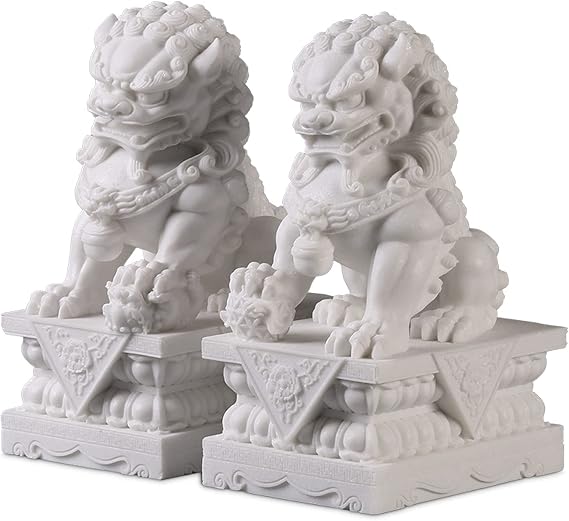 Foo Dogs Statues Pair Marble Feng Shui Guardian Lion Statues Home Outdoor Asian Decor for entrance,Best Housewarming Congratulatory Decor to Ward Off Evil Energy,White,25CM