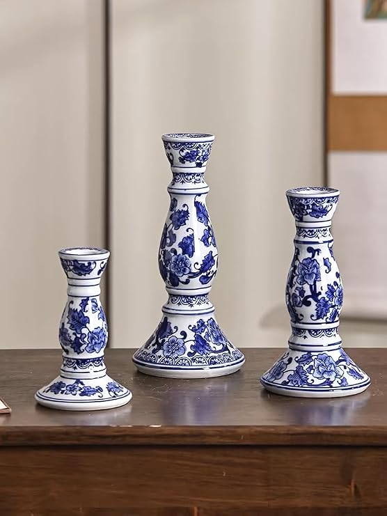 Blue and White Porcelain Ceramic House Candle Holder Chinese Traditonal Style Simple Home Candlestick Decoration Incense Stick (m)