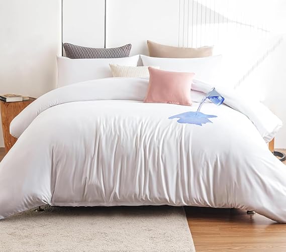 Breathable Waterproof Duvet Cover White Cotton Queen Size Incontinence Duvet Protector Cover Zipper with Fixed Corner Double Sided Waterproof Ideal Comforter for Child Elder Pet. (White,Full)