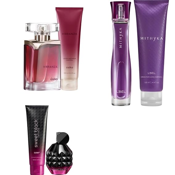 Esika Women's Fragrance and Body Lotion Gift Set, Vibranza, Mithyka, Sweet Black Intense, 3 Sets