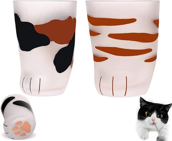 Cat Claw Cup - Frosted Glass Mug With Cute Paw Print - Coffee and Milk Tumbler for Kids - Personality Breakfast Cup With 2 Cat Coasters